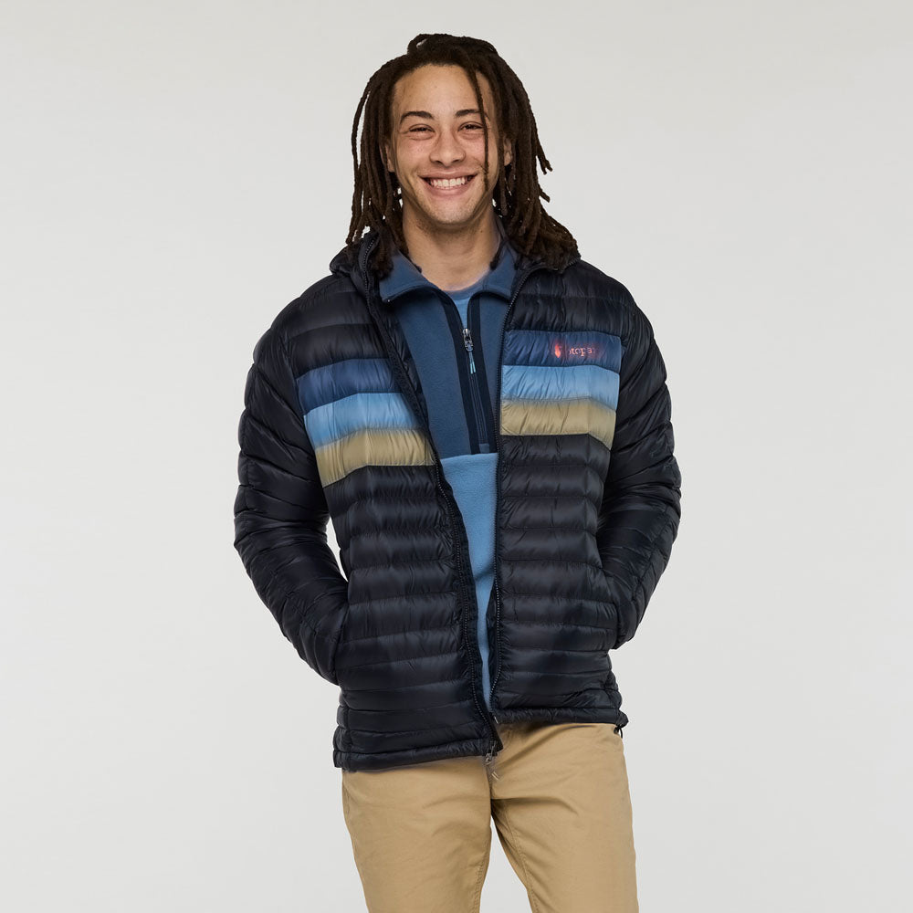 Cotopaxi Mens Fuego Hooded Down Jacket Carbon Stripes