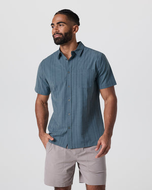 Vuori Mens Short Sleeve Bridge Button-Down LSS Light Deep Sea Stripe