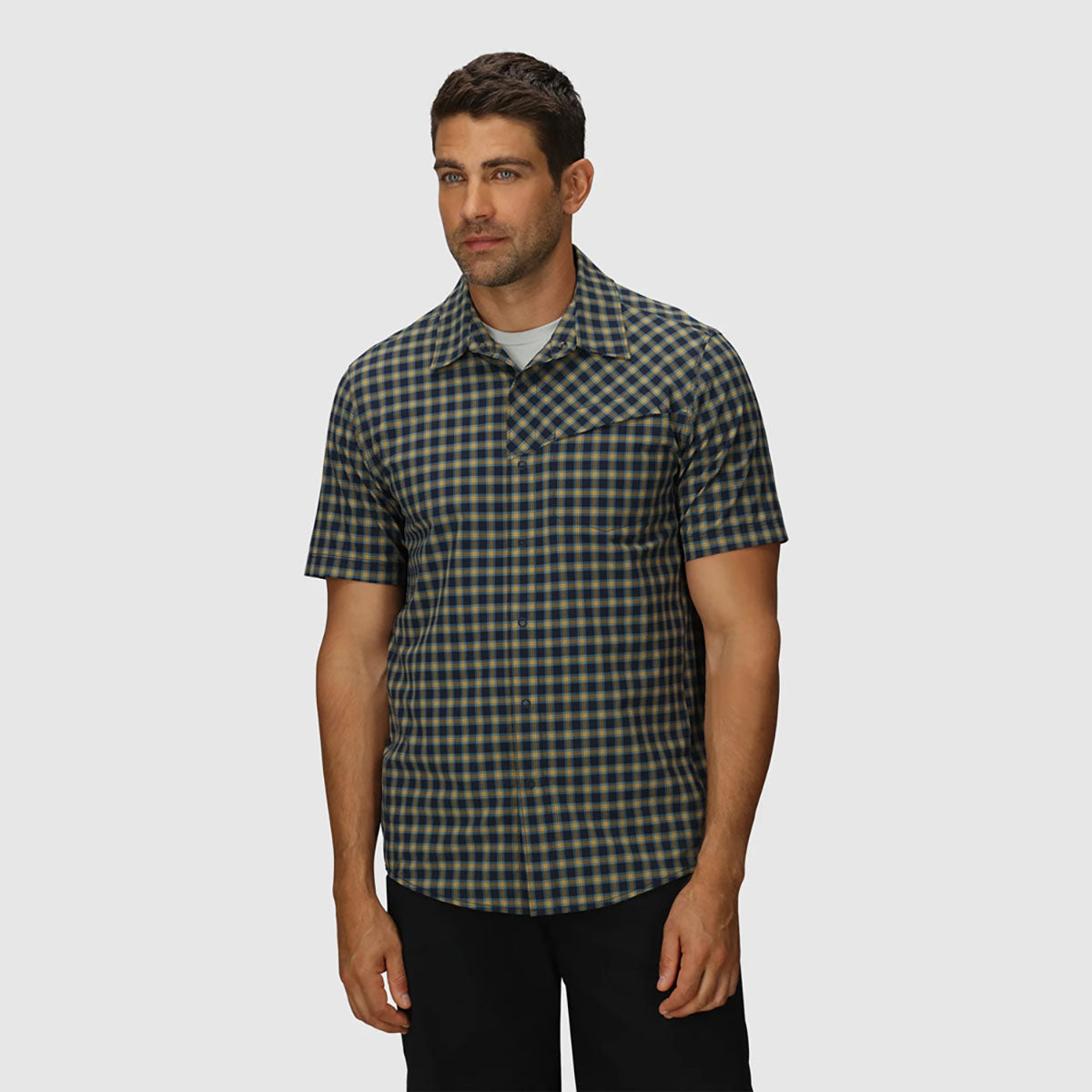 Outdoor Research Mens Astroman Short Sleeve Sun Shirt Gold Nebula Plaid