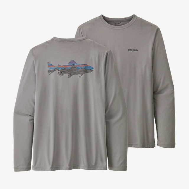 Patagonia Men&#39;s Long-Sleeved Cap Cool Daily Fish Graphic Shirt WOGR Woodgrain Fitz Roy Trout: Salt Grey