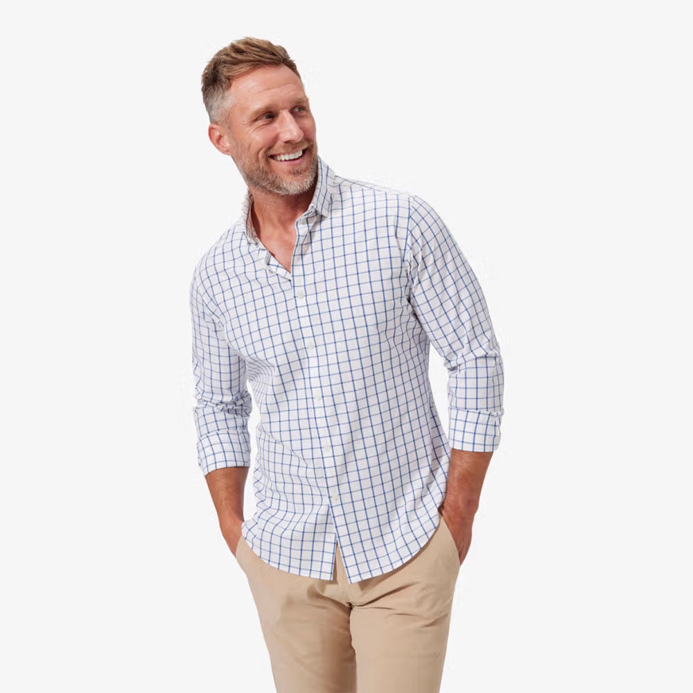 Mizzen+Main Men&#39;s Leeward No Tuck Dress Shirt White Navy Windowpane