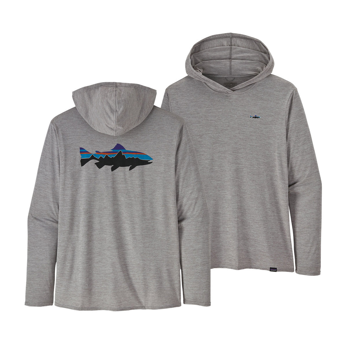 Patagonia Men&#39;s Capilene Cool Daily Graphic Hoody - Relaxed Fit Fitz Roy Trout w/Trout: Salt Grey X-Dye