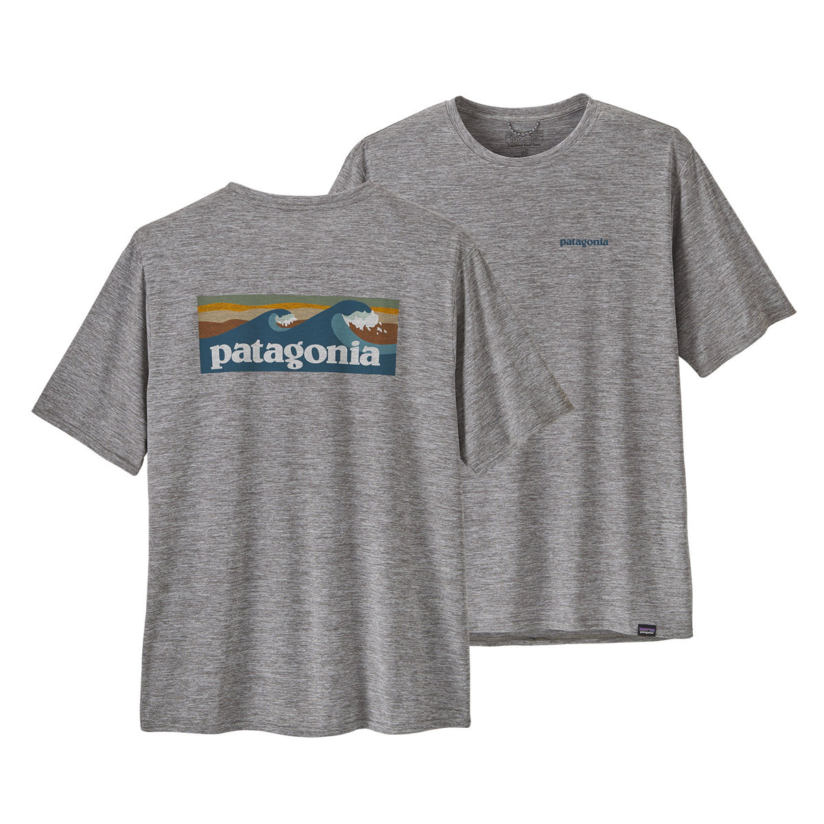 Patagonia Men&#39;s Capilene Cool Daily Graphic Shirt - Waters Boardshort Logo Abalone Blue: Feather Grey