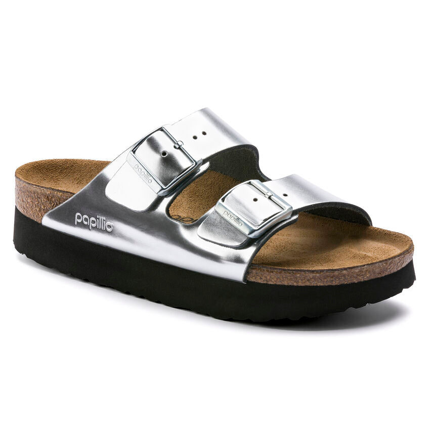 Birkenstock Women&#39;s Arizona Platform Natural Leather Metallic Silver Leather