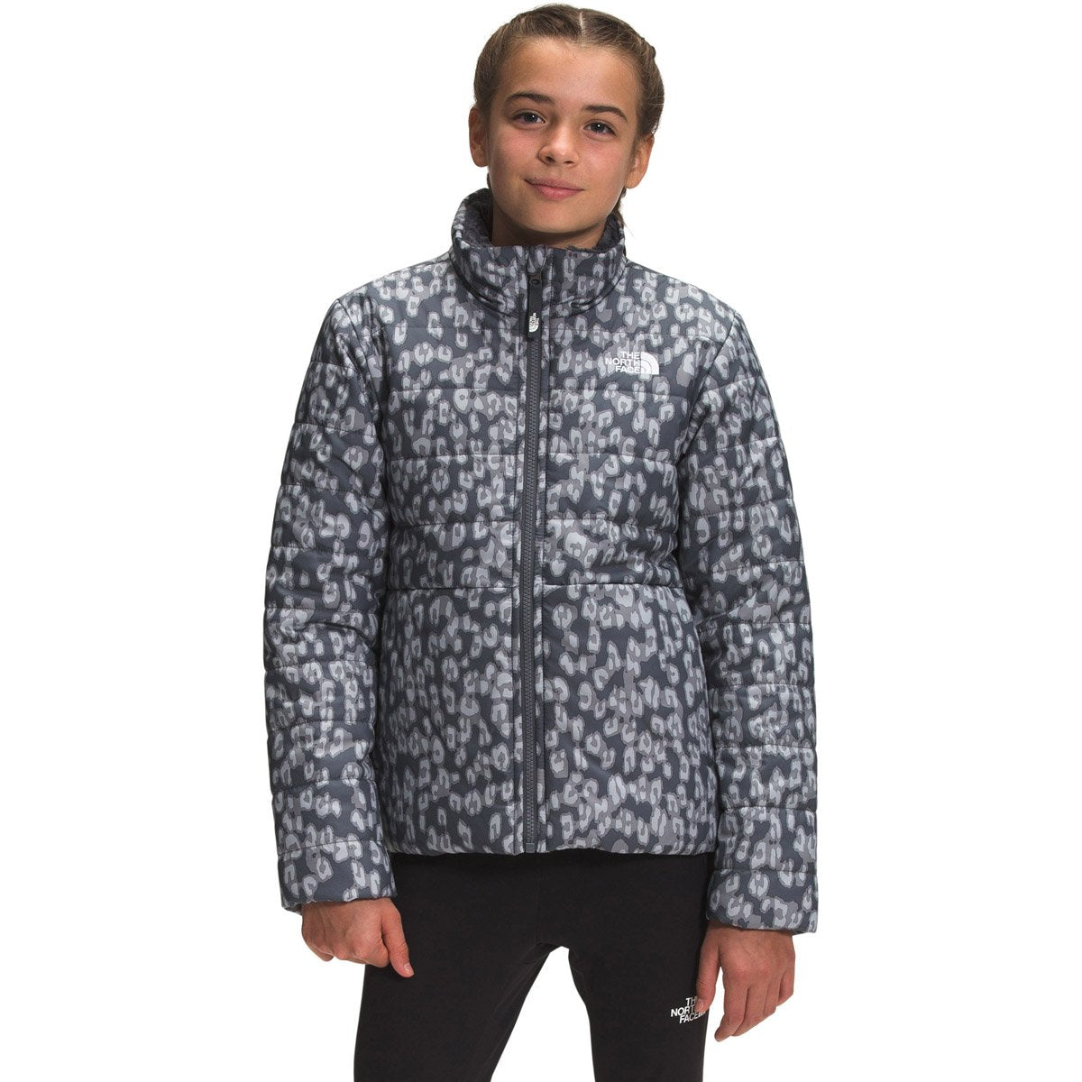 The North Face Girls&#39; Printed Reversible Mossbud Swirl Jacket Vanadis Grey Leopard Print