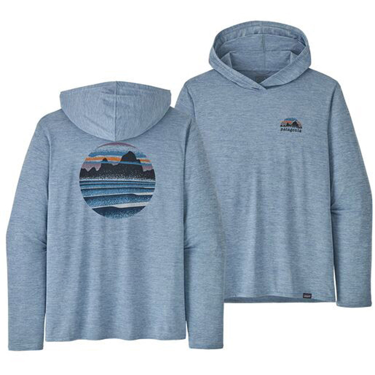 Patagonia Men&#39;s Capilene Cool Daily Graphic Hoody kyline Stencil: Steam Blue X-Dye / S