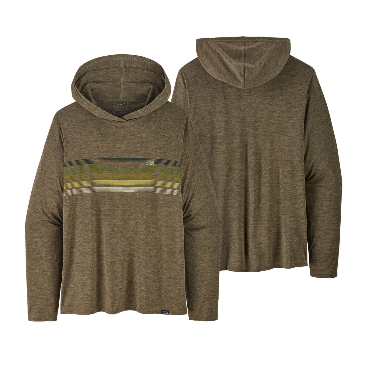 Patagonia Men&#39;s Capilene Cool Daily Graphic Hoody Line Logo Ridge tripe: Basin Green X-Dye / S