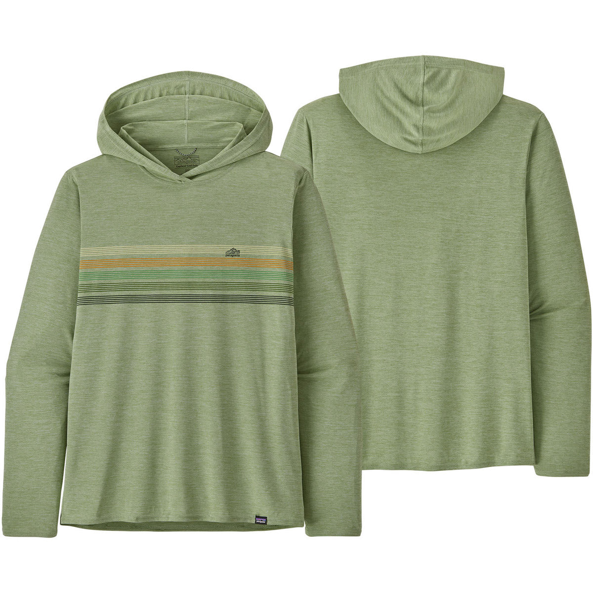 Patagonia Men&#39;s Capilene Cool Daily Graphic Hoody Line Logo Ridge Stripe: Salvia Green X-Dye