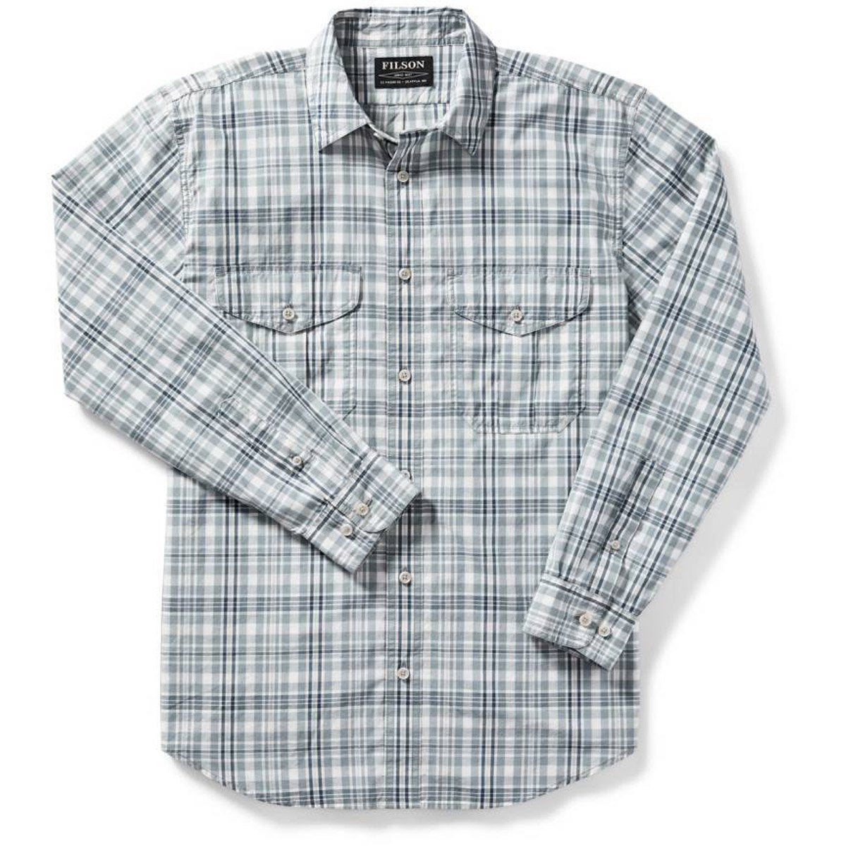 Filson Men&#39;s Long Sleeve Feather Cloth Shirt ight Blue/Gray/White Plaid / L